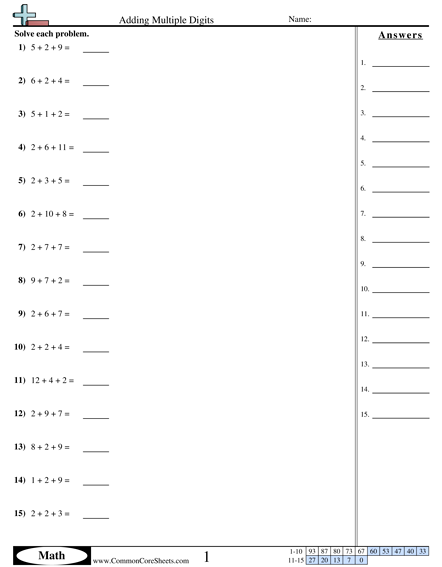Addition Worksheets - Adding with Multiple Addends (3 Addends Less than 20) worksheet